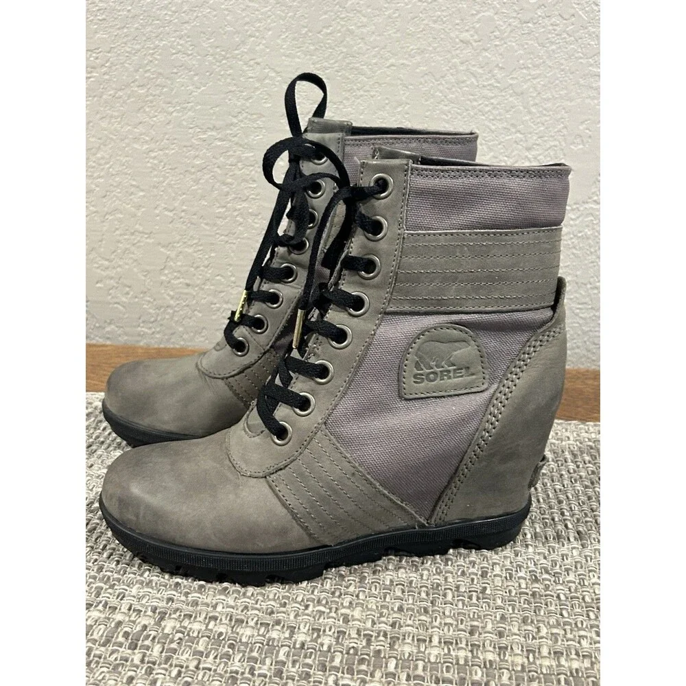Sorel Lexie Wedge Boots Womens 8.5 Gray Leather Ankle Lace Up Winter Waterproof